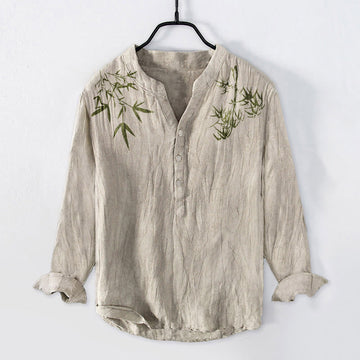 Cotton Linen Stand Collar Bamboo Leaf Print Meditation Shirt
