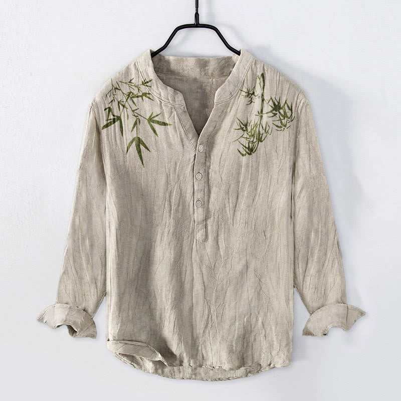 Cotton Linen Stand Collar Bamboo Leaf Print Meditation Shirt