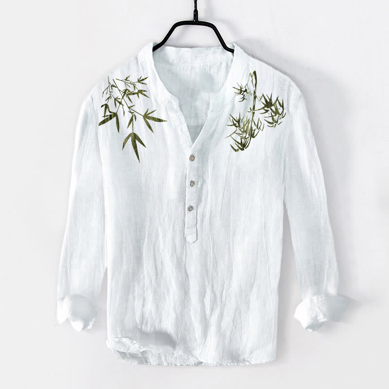 Cotton Linen Stand Collar Bamboo Leaf Print Meditation Shirt