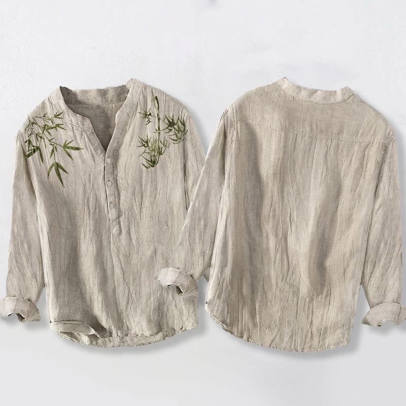 Cotton Linen Stand Collar Bamboo Leaf Print Meditation Shirt