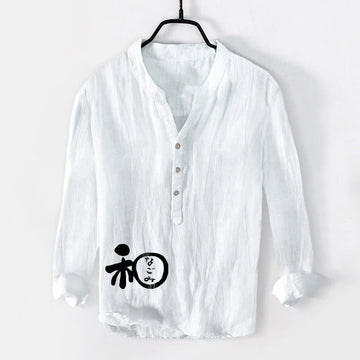 Cotton Linen Stand Collar Harmony Print Long Sleeve Shirt