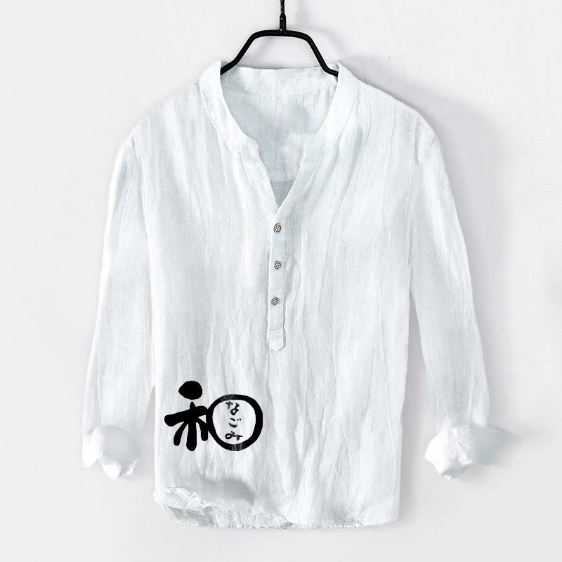 Cotton Linen Stand Collar Harmony Print Long Sleeve Shirt