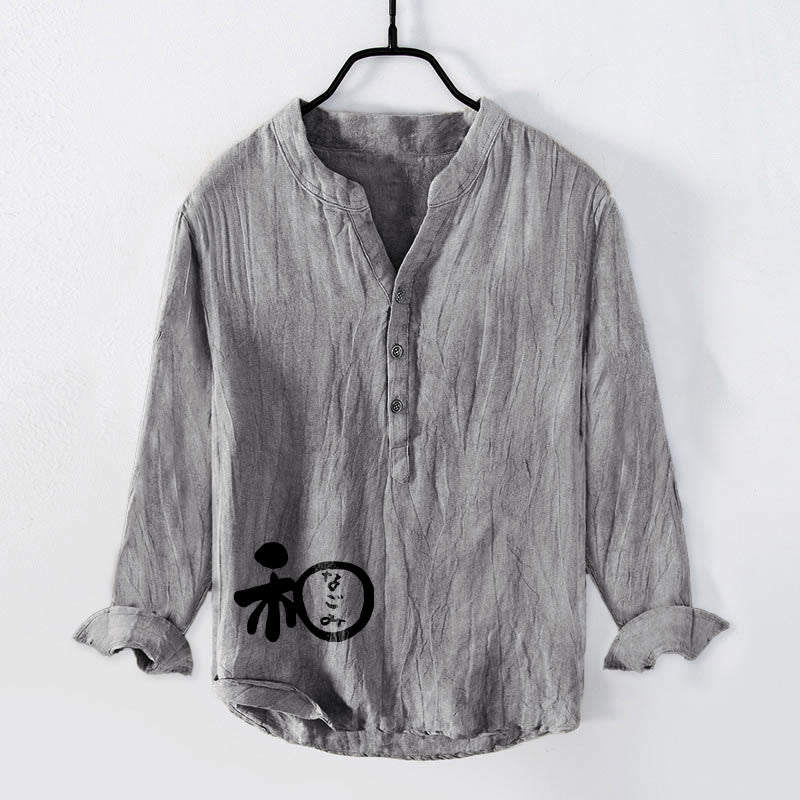 Cotton Linen Stand Collar Harmony Print Long Sleeve Shirt