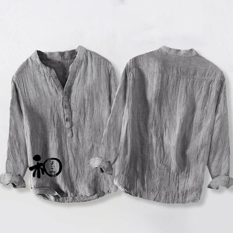 Cotton Linen Stand Collar Harmony Print Long Sleeve Shirt