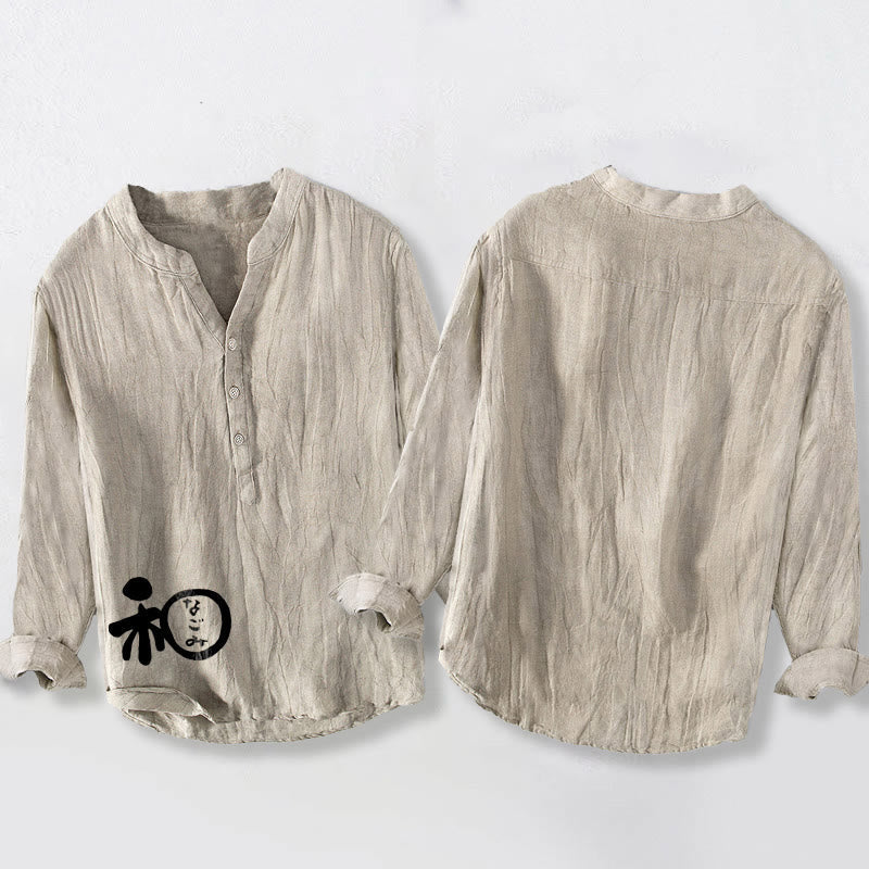 Cotton Linen Stand Collar Harmony Print Long Sleeve Shirt