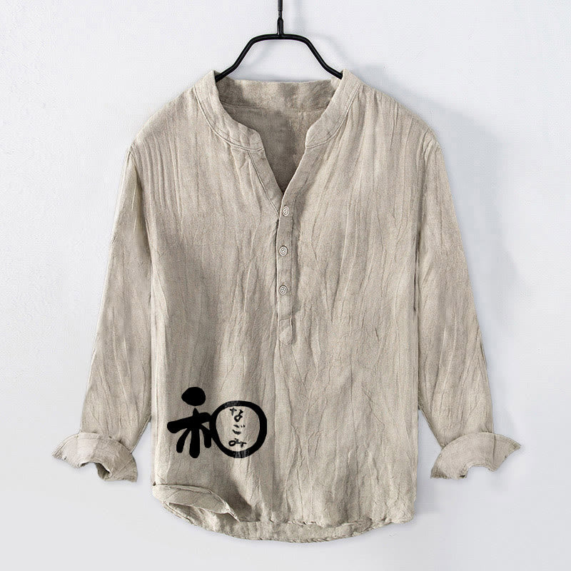Cotton Linen Stand Collar Harmony Print Long Sleeve Shirt