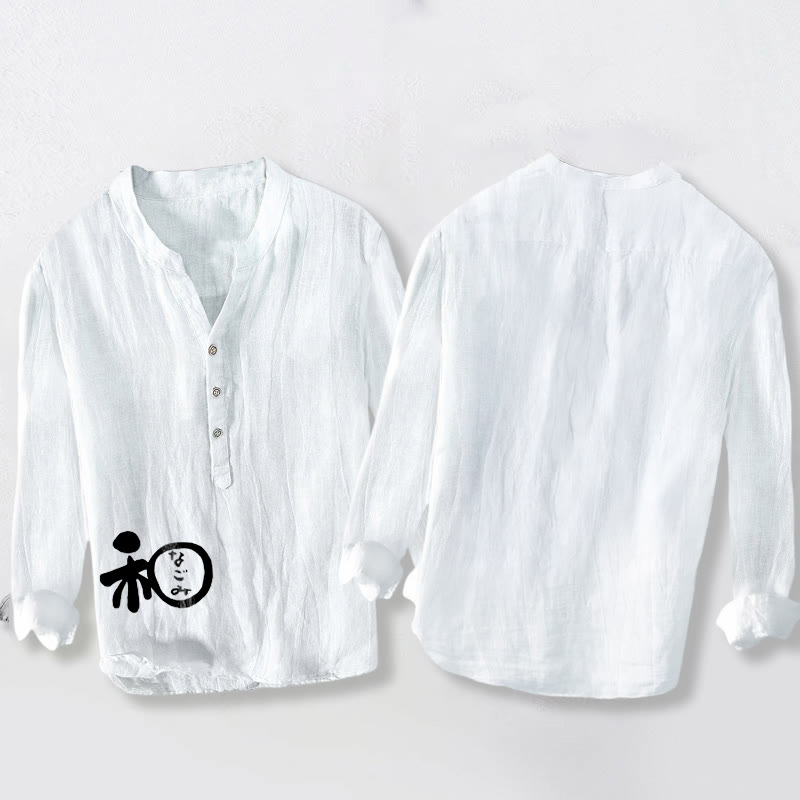 Cotton Linen Stand Collar Harmony Print Long Sleeve Shirt
