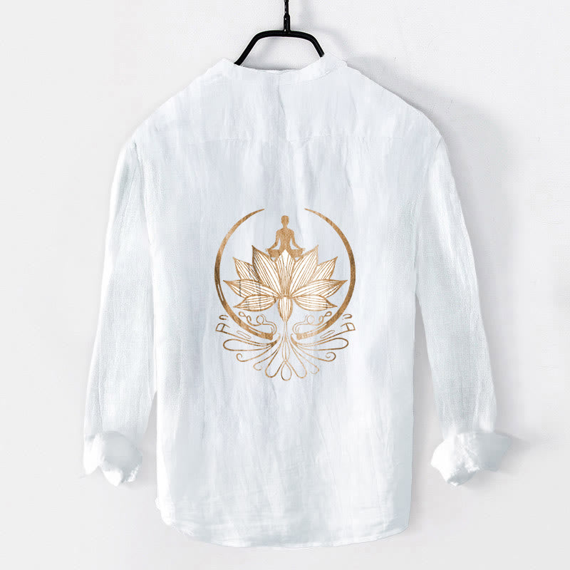Cotton Linen Stand Collar Lotus Print Long Sleeve Meditation Shirt