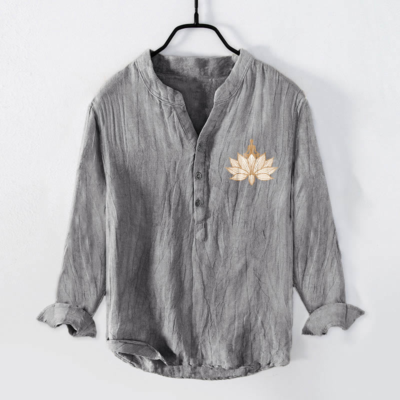 Cotton Linen Stand Collar Lotus Print Long Sleeve Meditation Shirt
