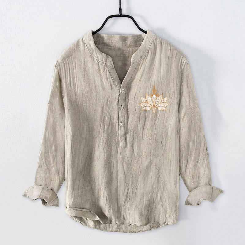 Cotton Linen Stand Collar Lotus Print Long Sleeve Meditation Shirt