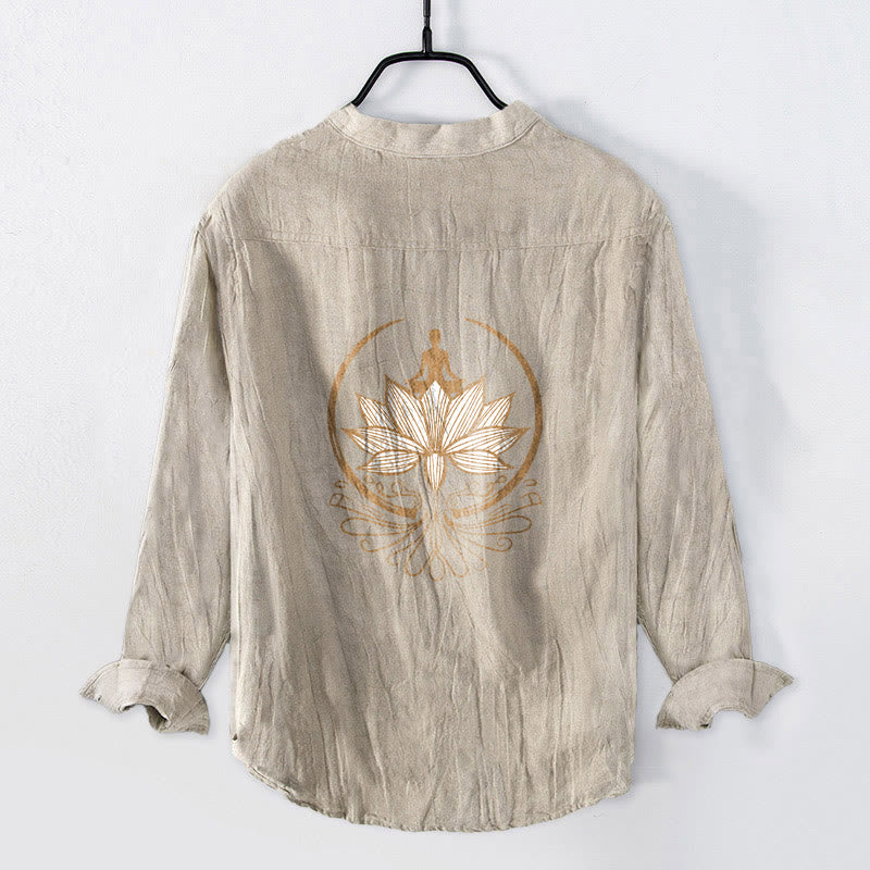 Cotton Linen Stand Collar Lotus Print Long Sleeve Meditation Shirt