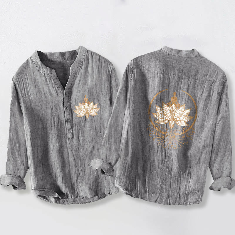 Cotton Linen Stand Collar Lotus Print Long Sleeve Meditation Shirt