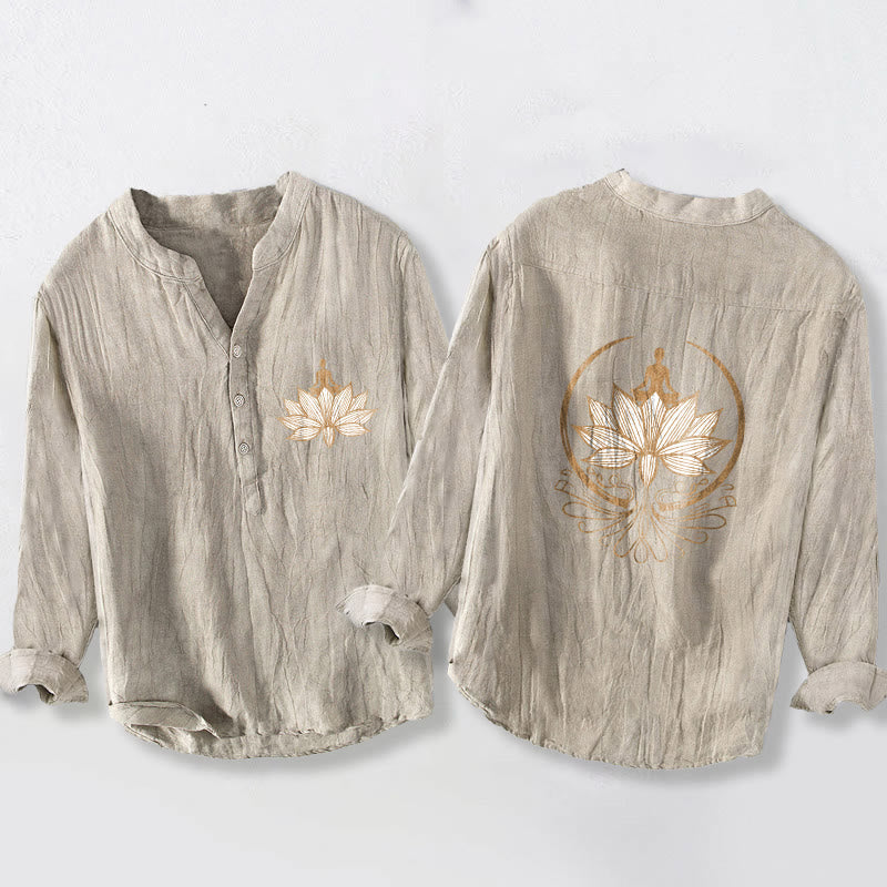Cotton Linen Stand Collar Lotus Print Long Sleeve Meditation Shirt