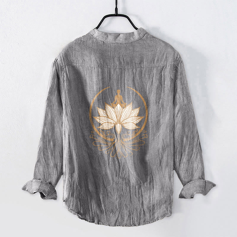 Cotton Linen Stand Collar Lotus Print Long Sleeve Meditation Shirt
