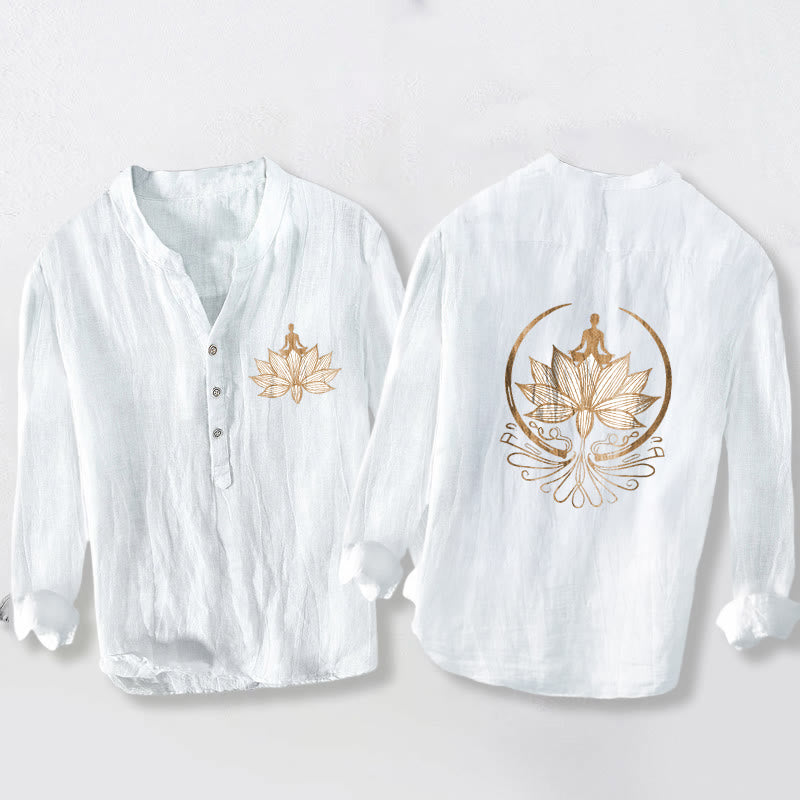 Cotton Linen Stand Collar Lotus Print Long Sleeve Meditation Shirt
