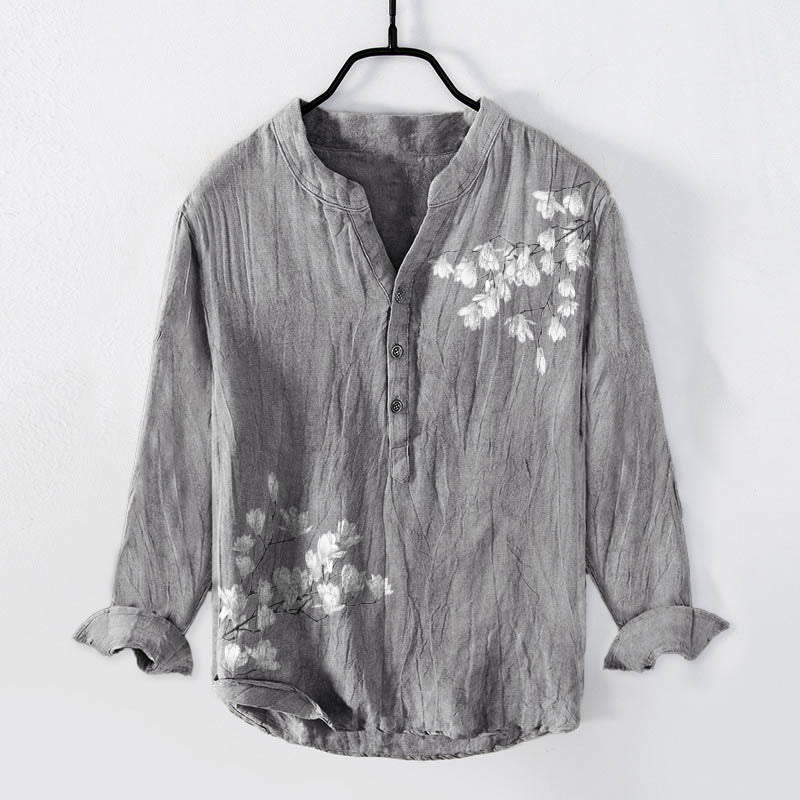 Magnolia Flowers Branches Pattern Half Buttons Men's Cotton Linen Long Sleeve Shirt