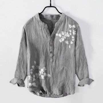 Magnolia Flowers Branches Pattern Half Buttons Men's Cotton Linen Long Sleeve Shirt