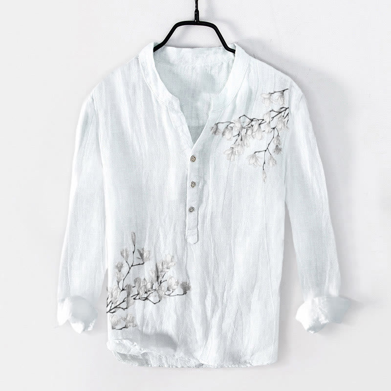Magnolia Flowers Branches Pattern Half Buttons Men's Cotton Linen Long Sleeve Shirt