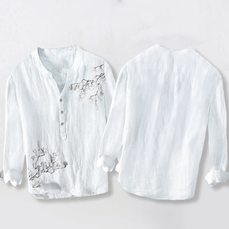 Magnolia Flowers Branches Pattern Half Buttons Men's Cotton Linen Long Sleeve Shirt