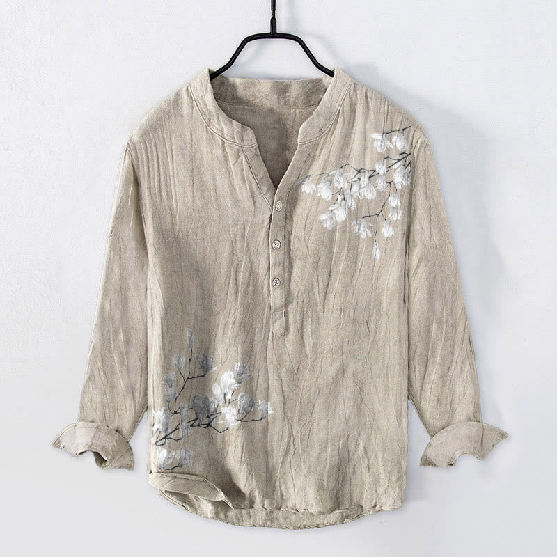 Magnolia Flowers Branches Pattern Half Buttons Men's Cotton Linen Long Sleeve Shirt