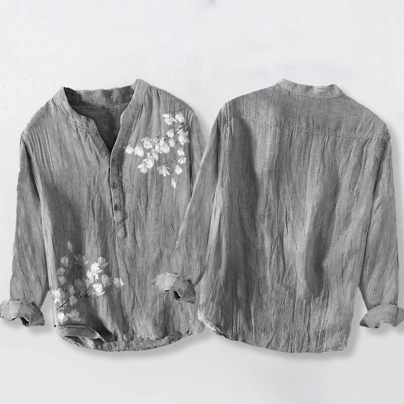 Magnolia Flowers Branches Pattern Half Buttons Men's Cotton Linen Long Sleeve Shirt