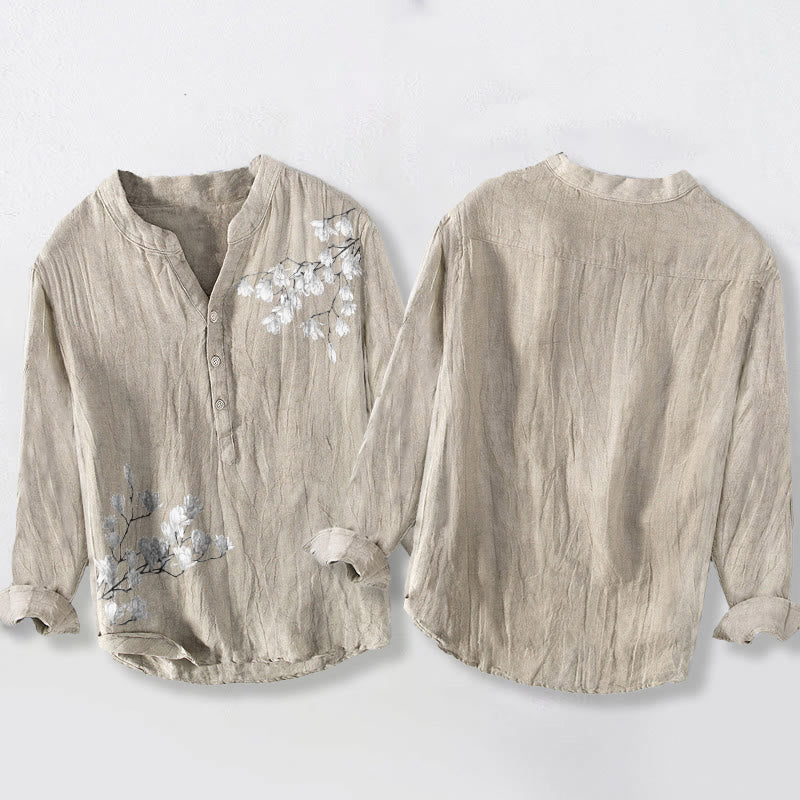 Magnolia Flowers Branches Pattern Half Buttons Men's Cotton Linen Long Sleeve Shirt