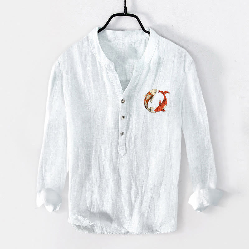 Cotton Linen Stand Collar Yin Yang Koi Meditation Shirt