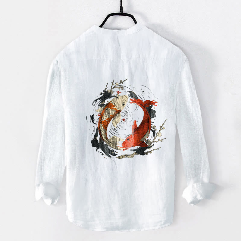 Cotton Linen Stand Collar Yin Yang Koi Meditation Shirt