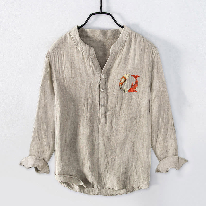 Cotton Linen Stand Collar Yin Yang Koi Meditation Shirt