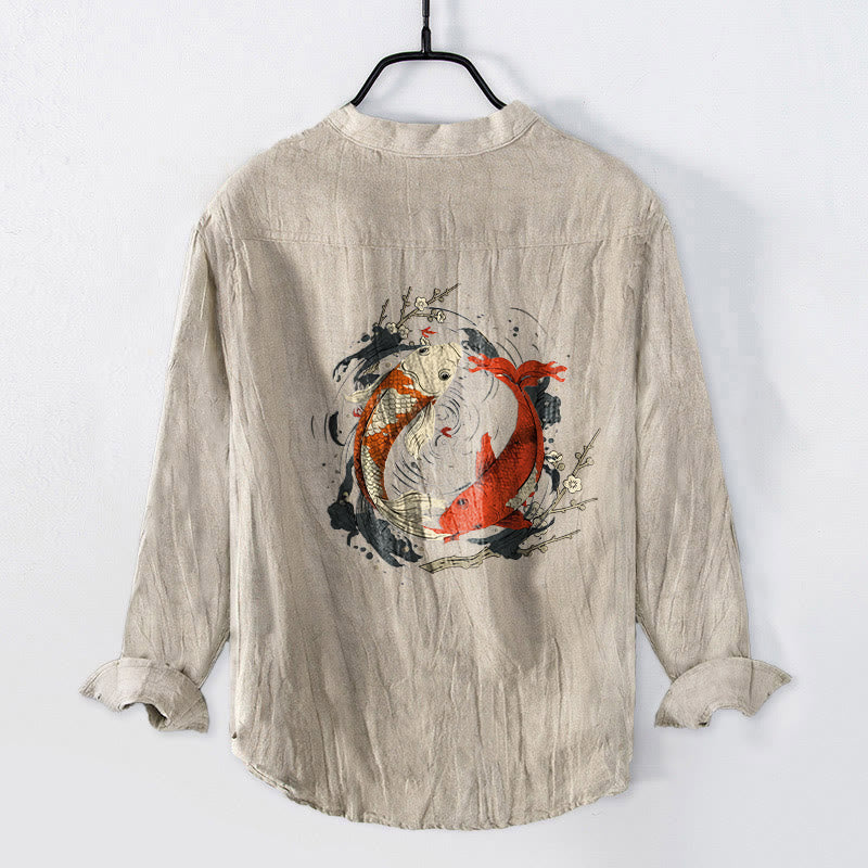 Cotton Linen Stand Collar Yin Yang Koi Meditation Shirt