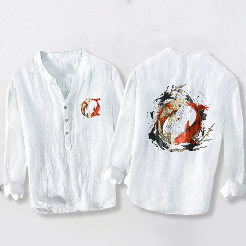 Cotton Linen Stand Collar Yin Yang Koi Meditation Shirt