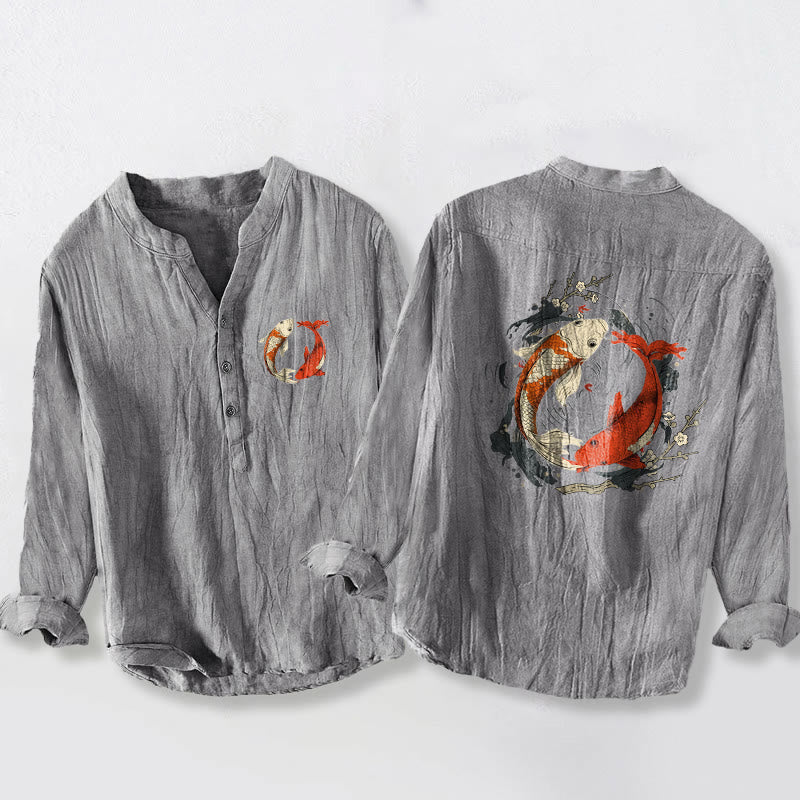 Cotton Linen Stand Collar Yin Yang Koi Meditation Shirt