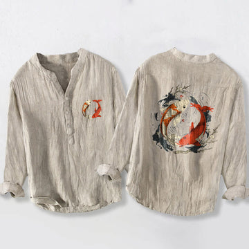 Cotton Linen Stand Collar Yin Yang Koi Meditation Shirt