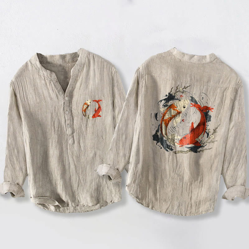 Cotton Linen Stand Collar Yin Yang Koi Meditation Shirt