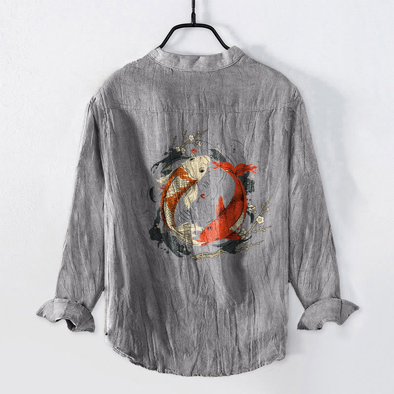Cotton Linen Stand Collar Yin Yang Koi Meditation Shirt