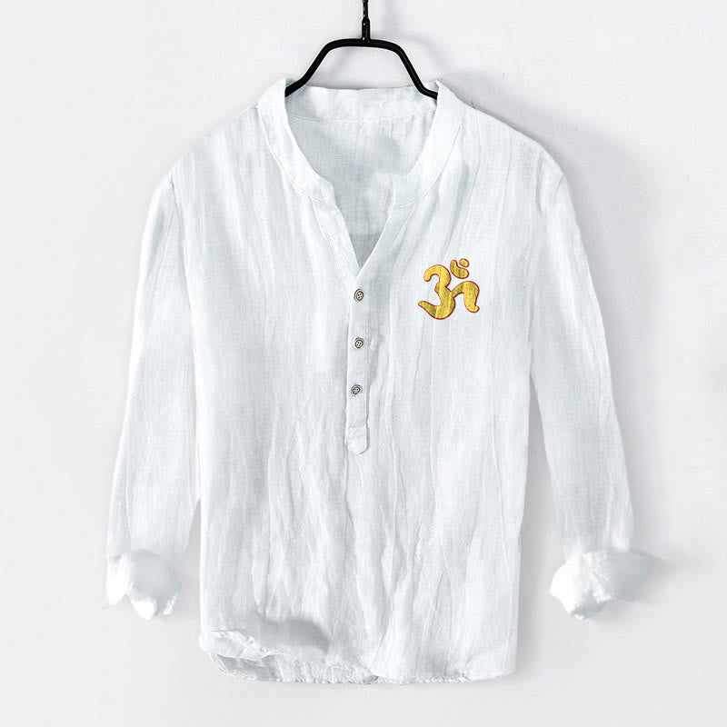 Cotton-Linen Stand Collar Long Sleeve Shirt with Spiritual Mandala Motif