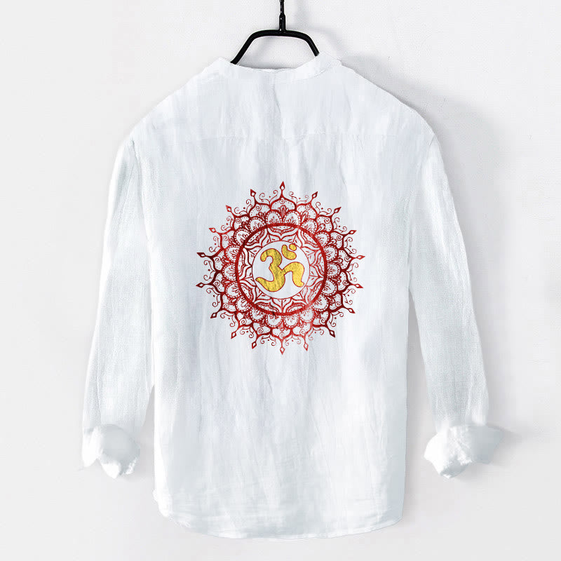 Cotton-Linen Stand Collar Long Sleeve Shirt with Spiritual Mandala Motif