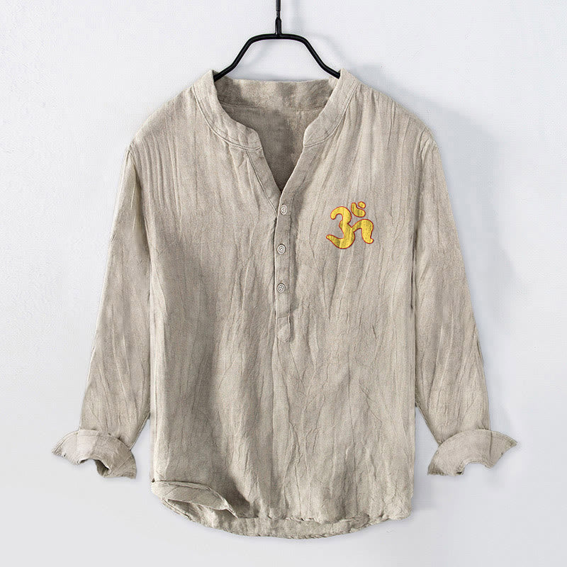 Cotton-Linen Stand Collar Long Sleeve Shirt with Spiritual Mandala Motif