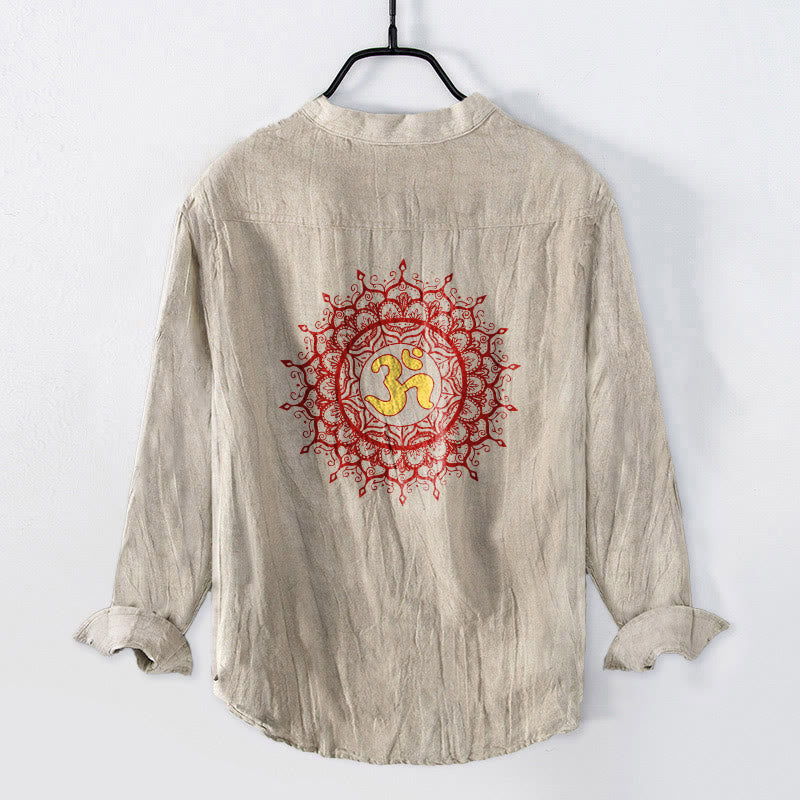 Cotton-Linen Stand Collar Long Sleeve Shirt with Spiritual Mandala Motif