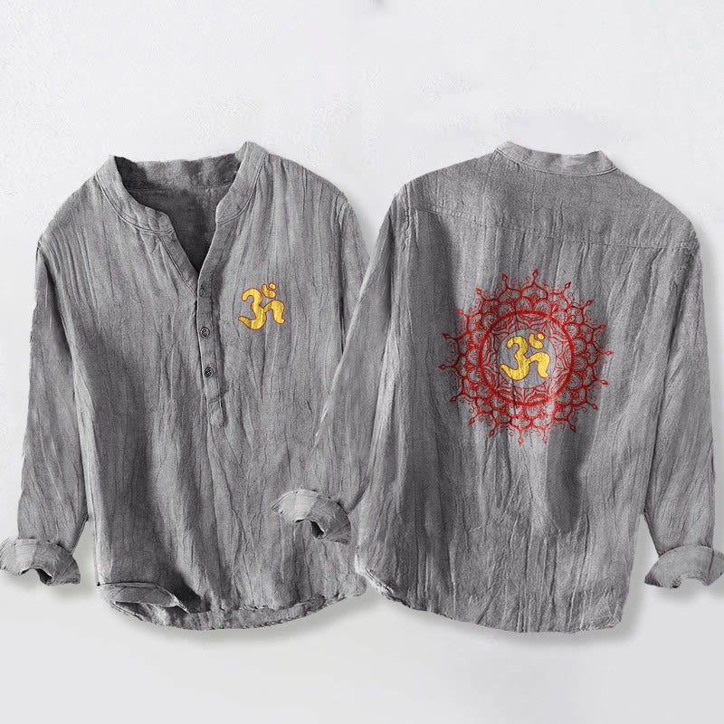Cotton-Linen Stand Collar Long Sleeve Shirt with Spiritual Mandala Motif