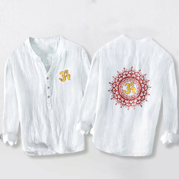 Cotton-Linen Stand Collar Long Sleeve Shirt with Spiritual Mandala Motif