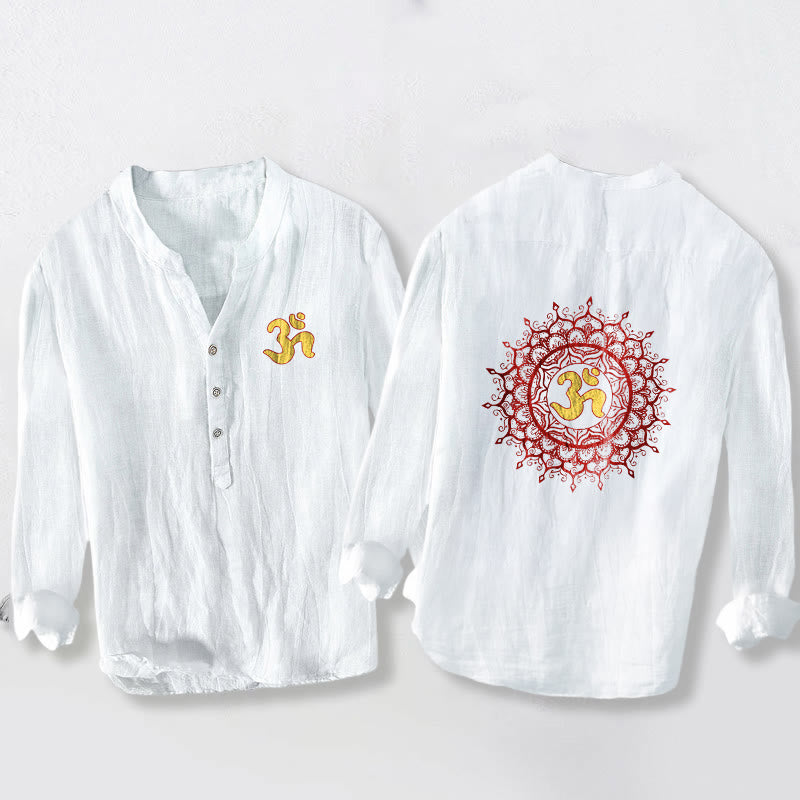 Cotton-Linen Stand Collar Long Sleeve Shirt with Spiritual Mandala Motif