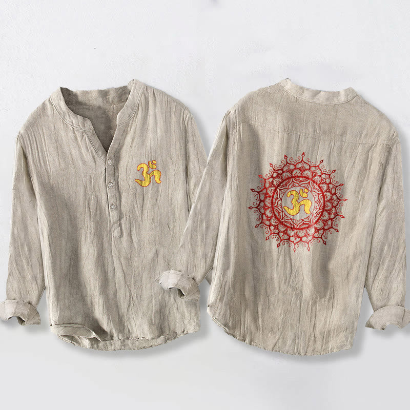 Cotton-Linen Stand Collar Long Sleeve Shirt with Spiritual Mandala Motif