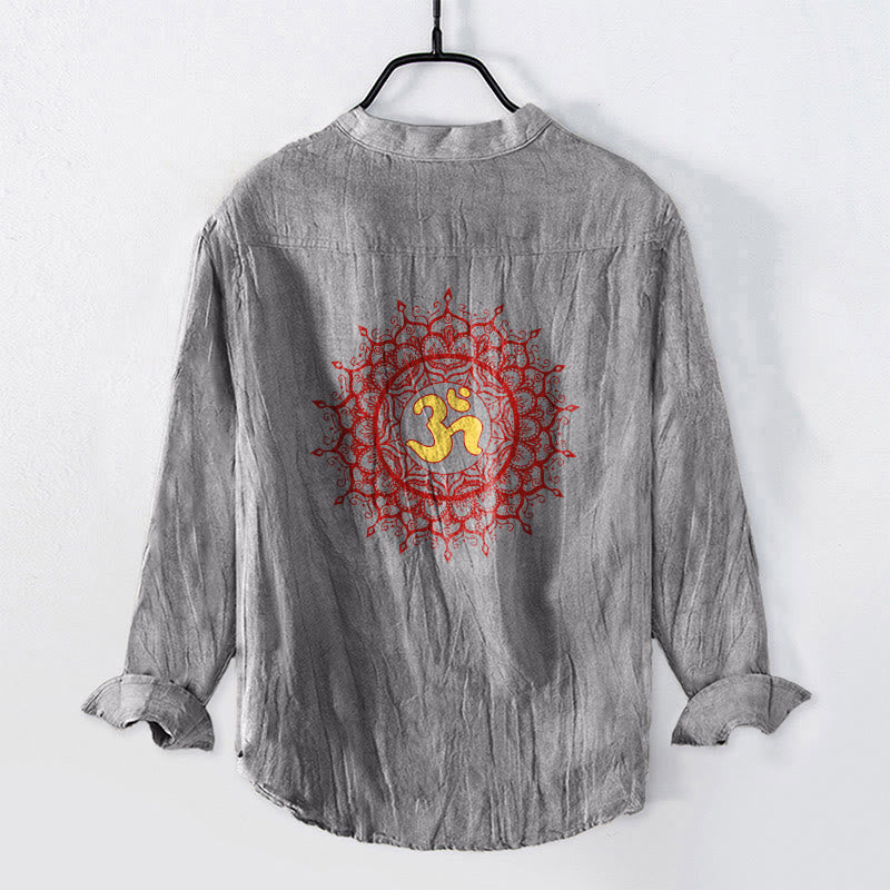 Cotton-Linen Stand Collar Long Sleeve Shirt with Spiritual Mandala Motif