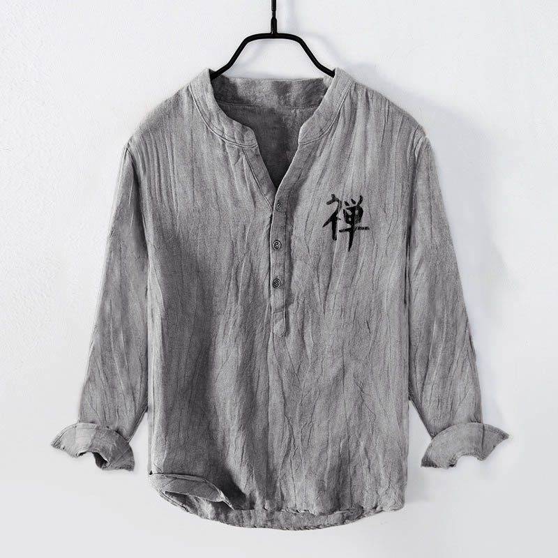 Zen Character Pine Tree Sun Pattern Half Buttons Men's Cotton Linen Long Sleeve Shirt