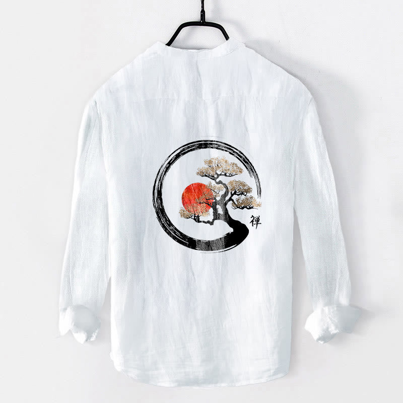 Zen Character Pine Tree Sun Pattern Half Buttons Men's Cotton Linen Long Sleeve Shirt