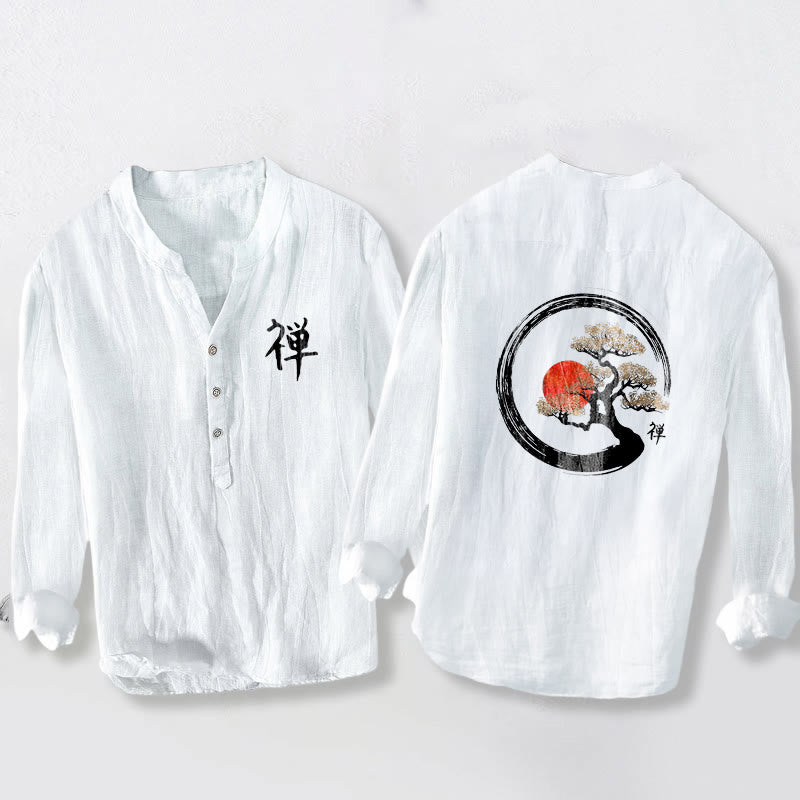 Zen Character Pine Tree Sun Pattern Half Buttons Men's Cotton Linen Long Sleeve Shirt
