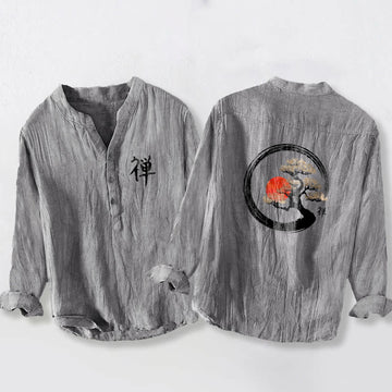 Zen Character Pine Tree Sun Pattern Half Buttons Men's Cotton Linen Long Sleeve Shirt