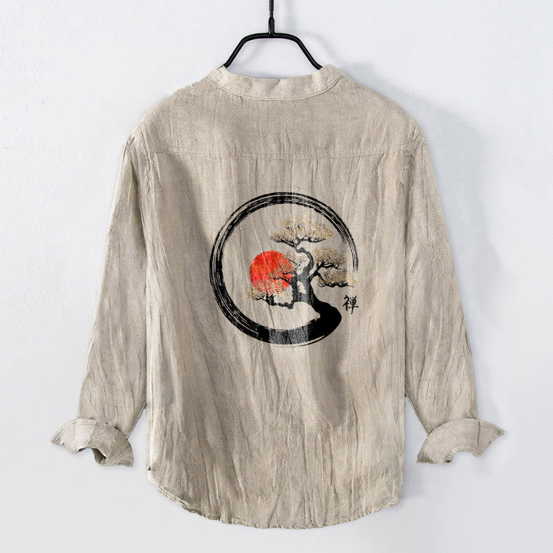 Zen Character Pine Tree Sun Pattern Half Buttons Men's Cotton Linen Long Sleeve Shirt