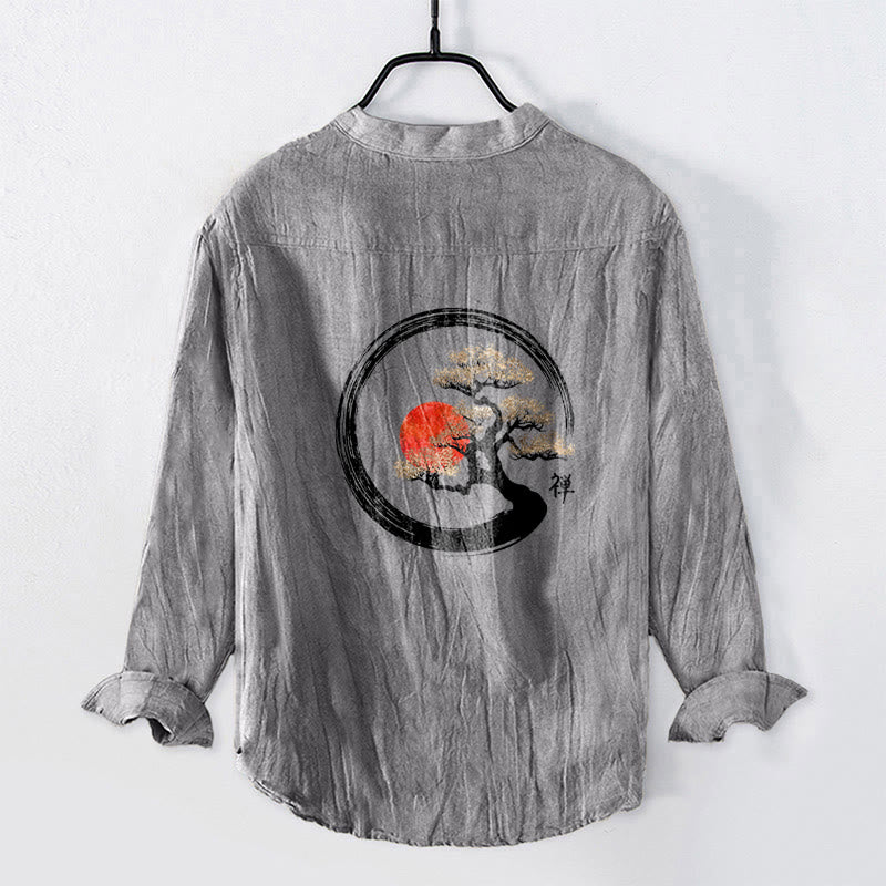 Zen Character Pine Tree Sun Pattern Half Buttons Men's Cotton Linen Long Sleeve Shirt